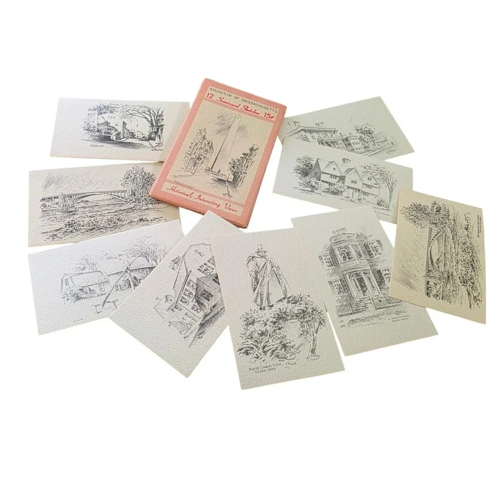 Mini VTG Souvenir of Massachusetts 12 Scenicard Sketches Curhan Co Salem Boston